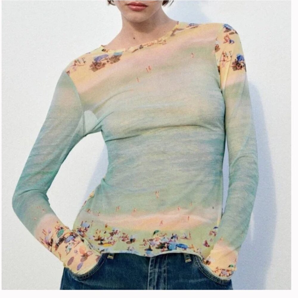 Zara Mesh Beach Scene Print Long Sleeve Top SZ M